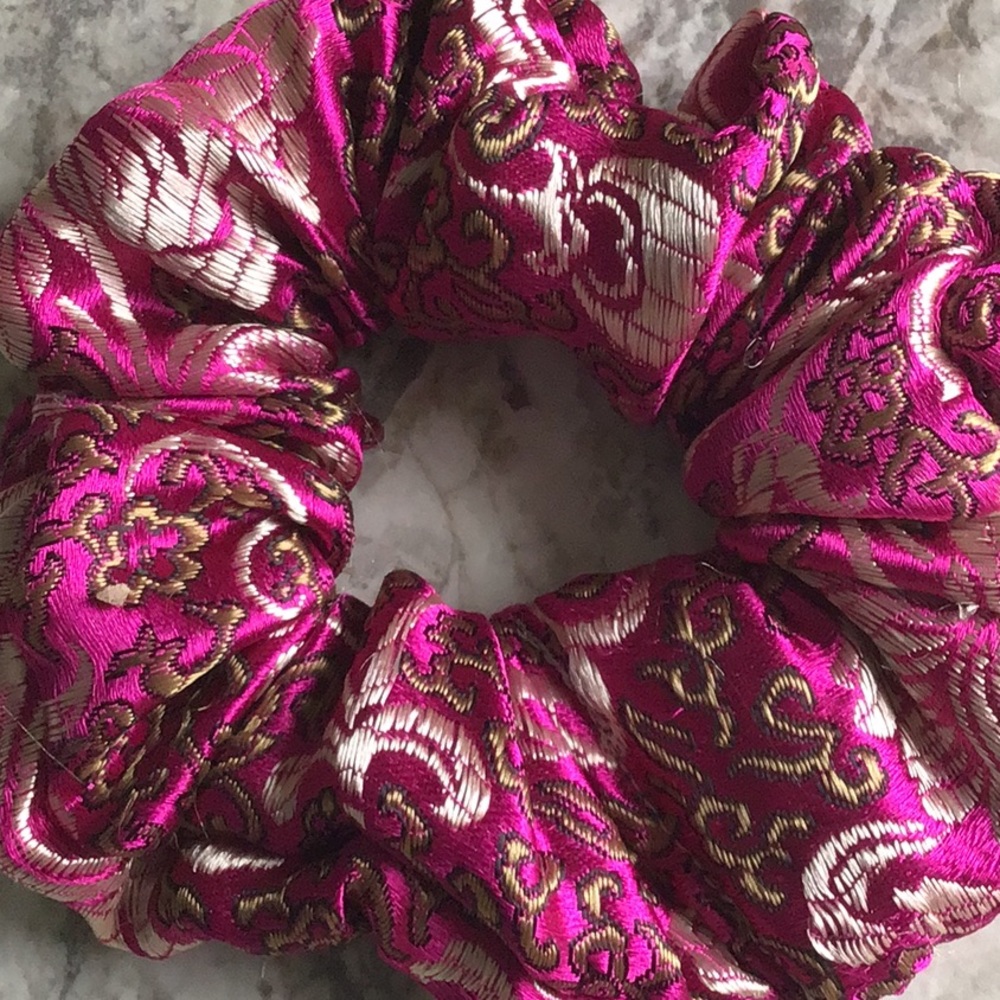 Hot pink gold fuchsia dressy party scrunchie satin
